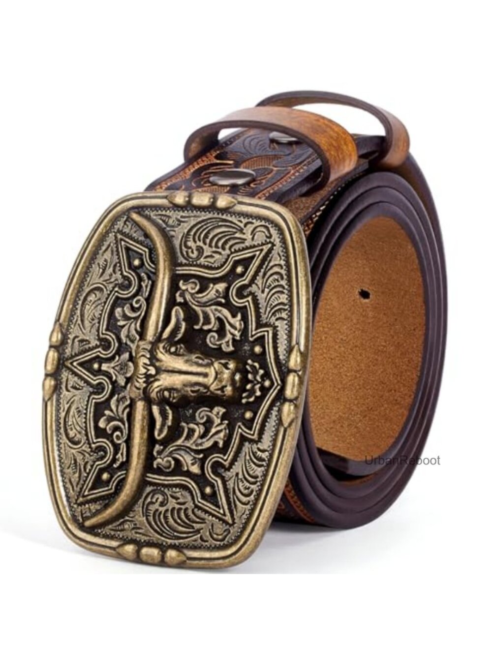 Western Cowboy Belt with Bull Horn Buckle, 3.8 inch Leather